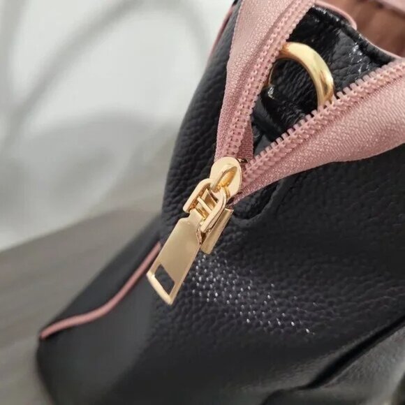 Black Faux Leather Tote Satchel Crossbody Purse Pink Trim w/ Pom Pom Charm Twill - Picture 8 of 8